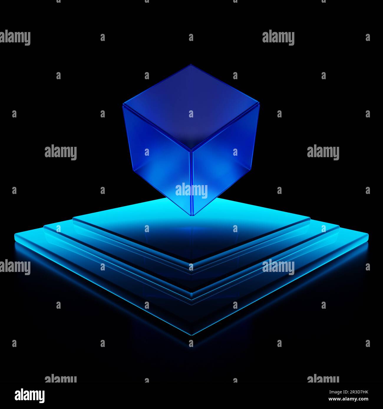 Abstract blue glowing cube on a platform on a black background ...