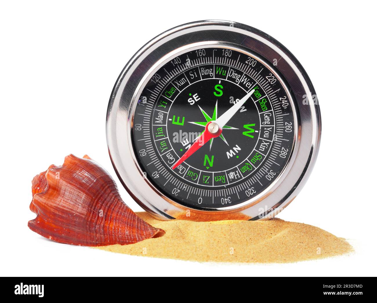 sea shells and old compass with sand isolated on white background Stock ...
