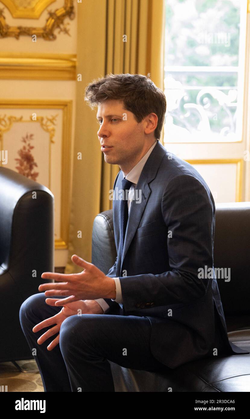 Paris, France. 23rd May, 2023. OpenAI CEO Sam Altman during his meeting with French President at the Elysee Palace in Paris, on May 23, 2023. Photo by Jacques Witt/Pool/ABACAPRESS.COM Credit: Abaca Press/Alamy Live News Stock Photo