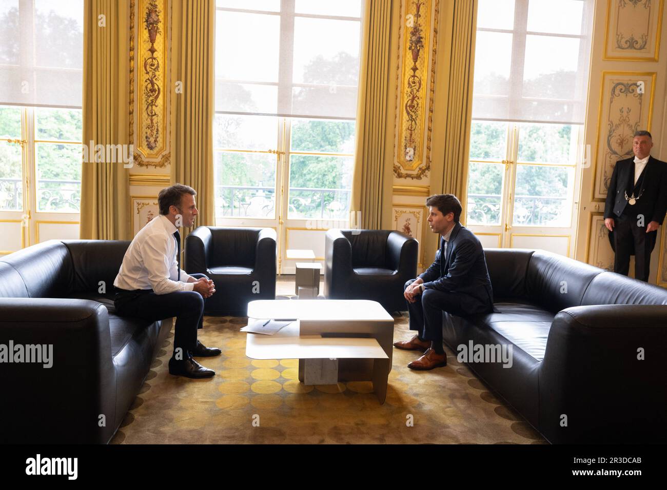 Paris, France. 23rd May, 2023. French President Emmanuel Macron meets with OpenAI CEO Sam Altman at the Elysee Palace in Paris, on May 23, 2023. Photo by Jacques Witt/Pool/ABACAPRESS.COM Credit: Abaca Press/Alamy Live News Stock Photo