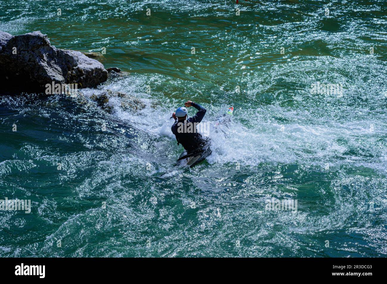 young man kayaking in the rapids of the brenta river in italy example of no-limits dynamic extreme sport Stock Photo