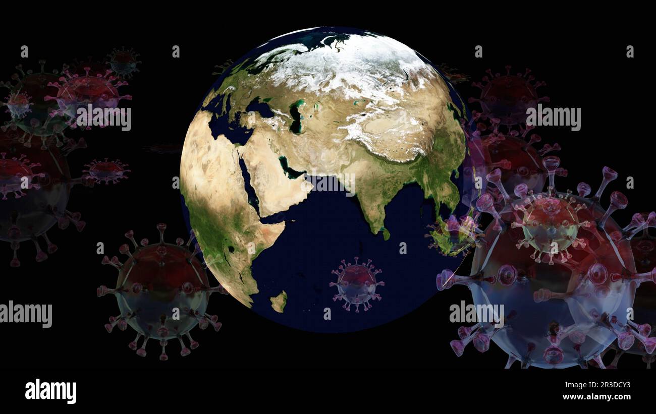 Artistic 3D illustration of the corona virus and earth globe Stock Photo