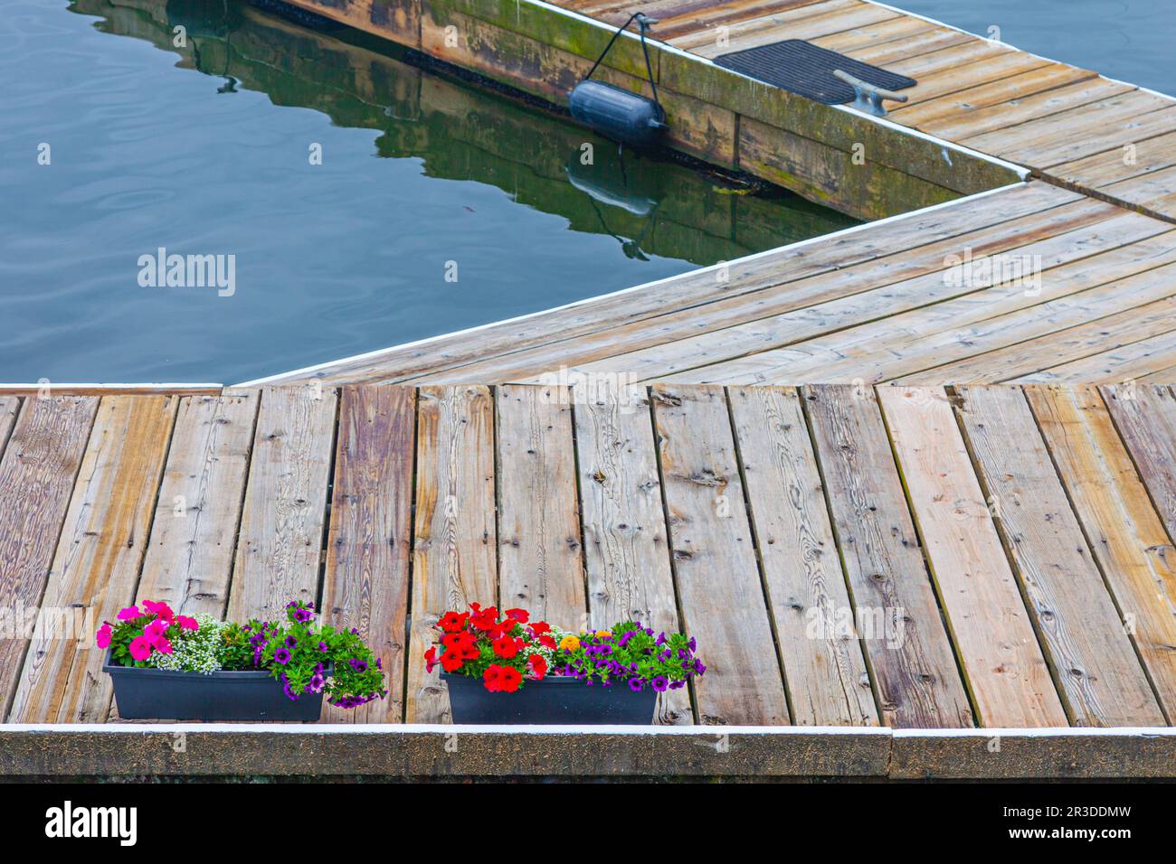 Fower boxes on a floating pontoon near Granville Island Vancouver Stock Photo