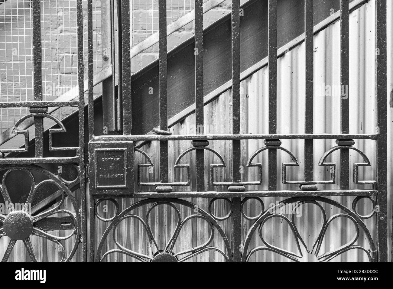Dusty wrought iron gates on Granville Island in Vancouver Canada Stock