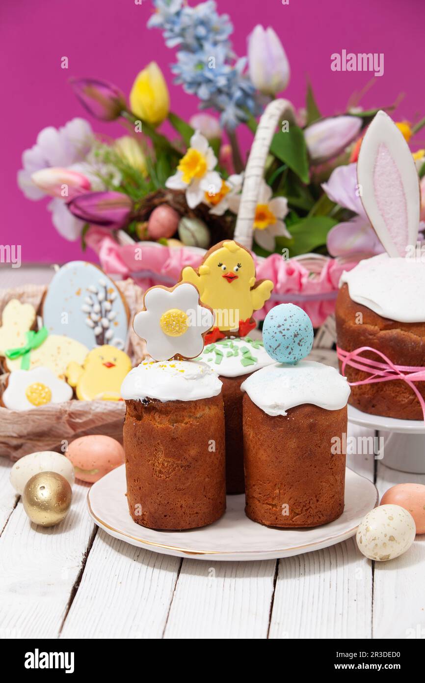 Close-up small Easter breads with cute decoration on top Stock Photo