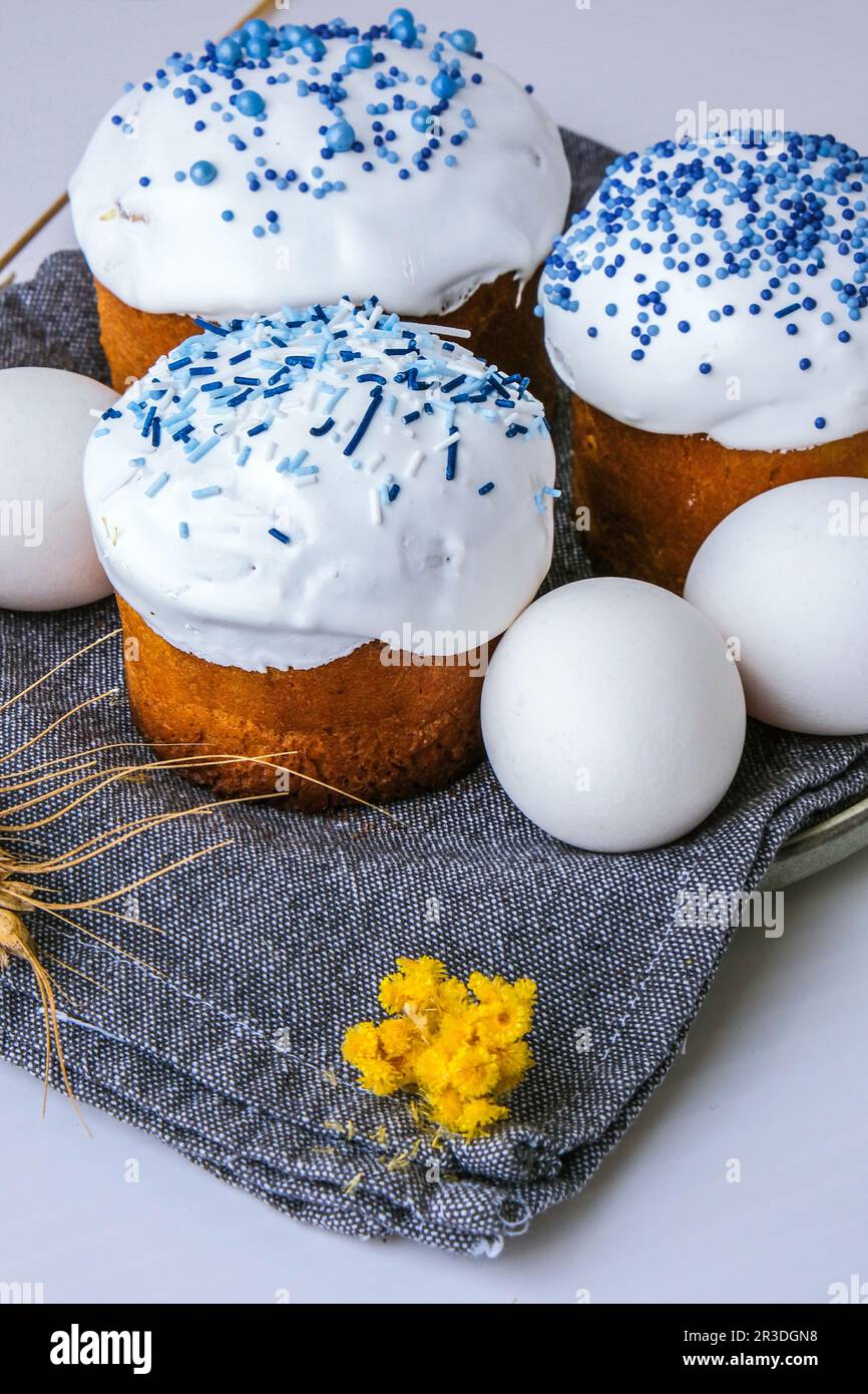 Easter eggs. Happy Day Bright Easter. Orthodox Easter holiday. Traditional food. Creative stylish trend Homemade easter cake. Se Stock Photo