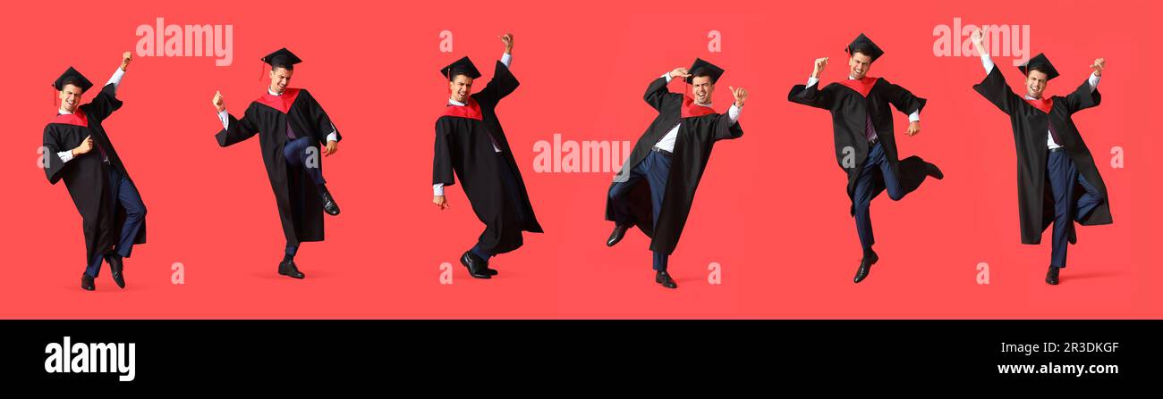 Collage of happy dancing male graduating student on red background ...