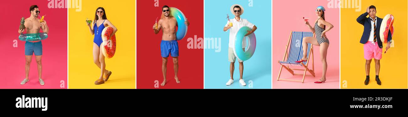 Collage of young people in swimming clothes, with summer cocktails, beach chair and inflatable rings on color background Stock Photo