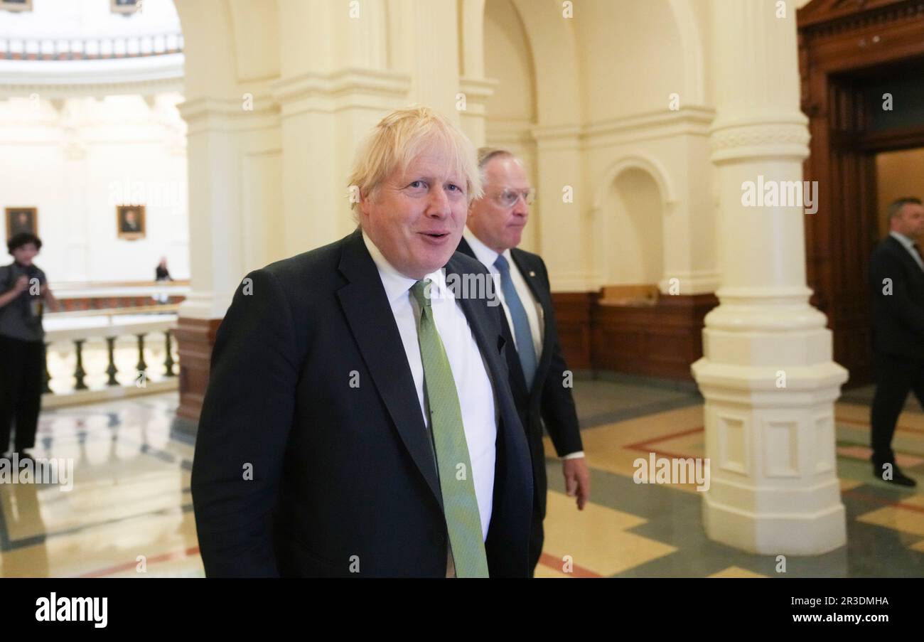 Former British Prime Minister BORIS JOHNSON visits the Texas Capitol during an economic development mission in the last week of Texas' legislative session on May 23, 2023. Johnson met with Governor Greg Abbott's economic team and took an informal tour. Credit: Bob Daemmrich/Alamy Live News Stock Photo