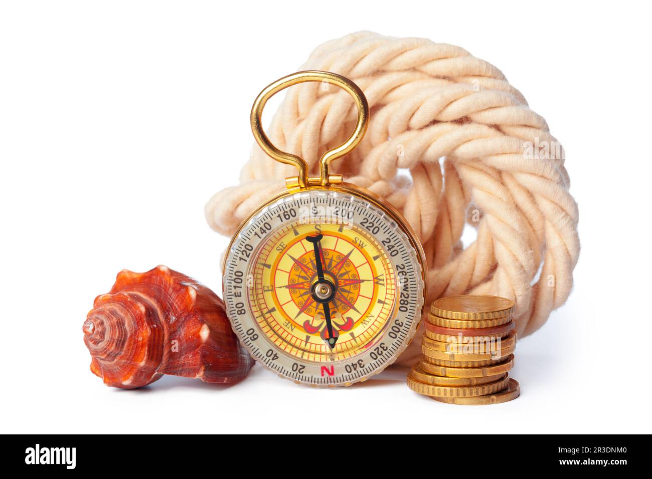 sea shells and old compass with sand isolated on white background Stock ...