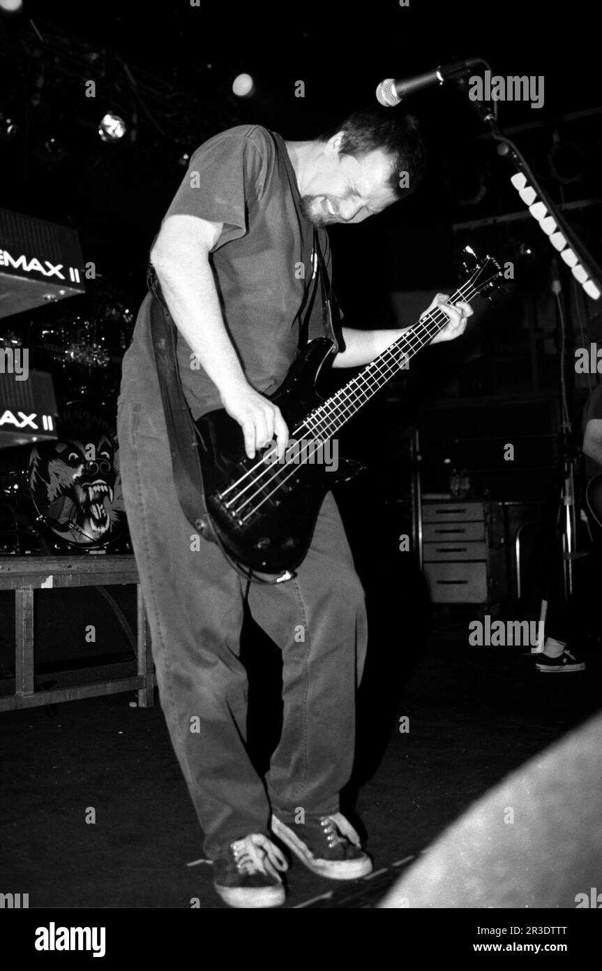 Italy Milan, 1995-03-30:Bill Gould bassist of the Faith No More during the live concert at the Factory Stock Photo