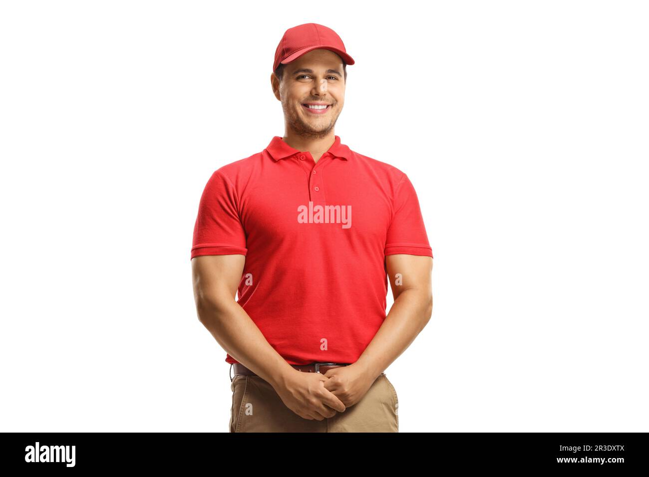 Smiling man in a red t-shirt and a red cap isolated on white background Stock Photo