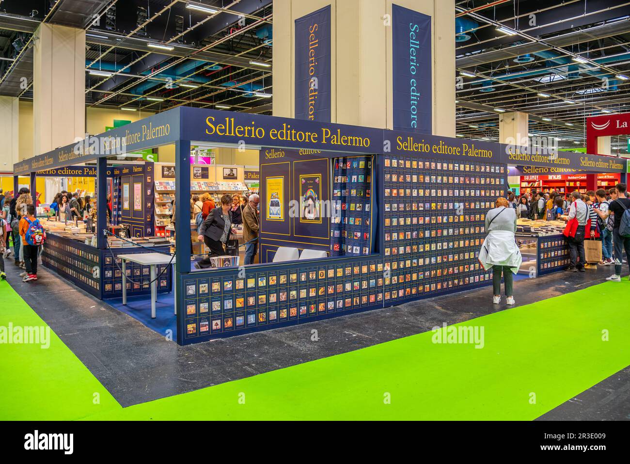 Turin, Italy - May 22, 2023:  Sellerio publisher Palermo  exhibition stand at the 35th Turin International Book Fair. Sellerio is famous Italian publi Stock Photo