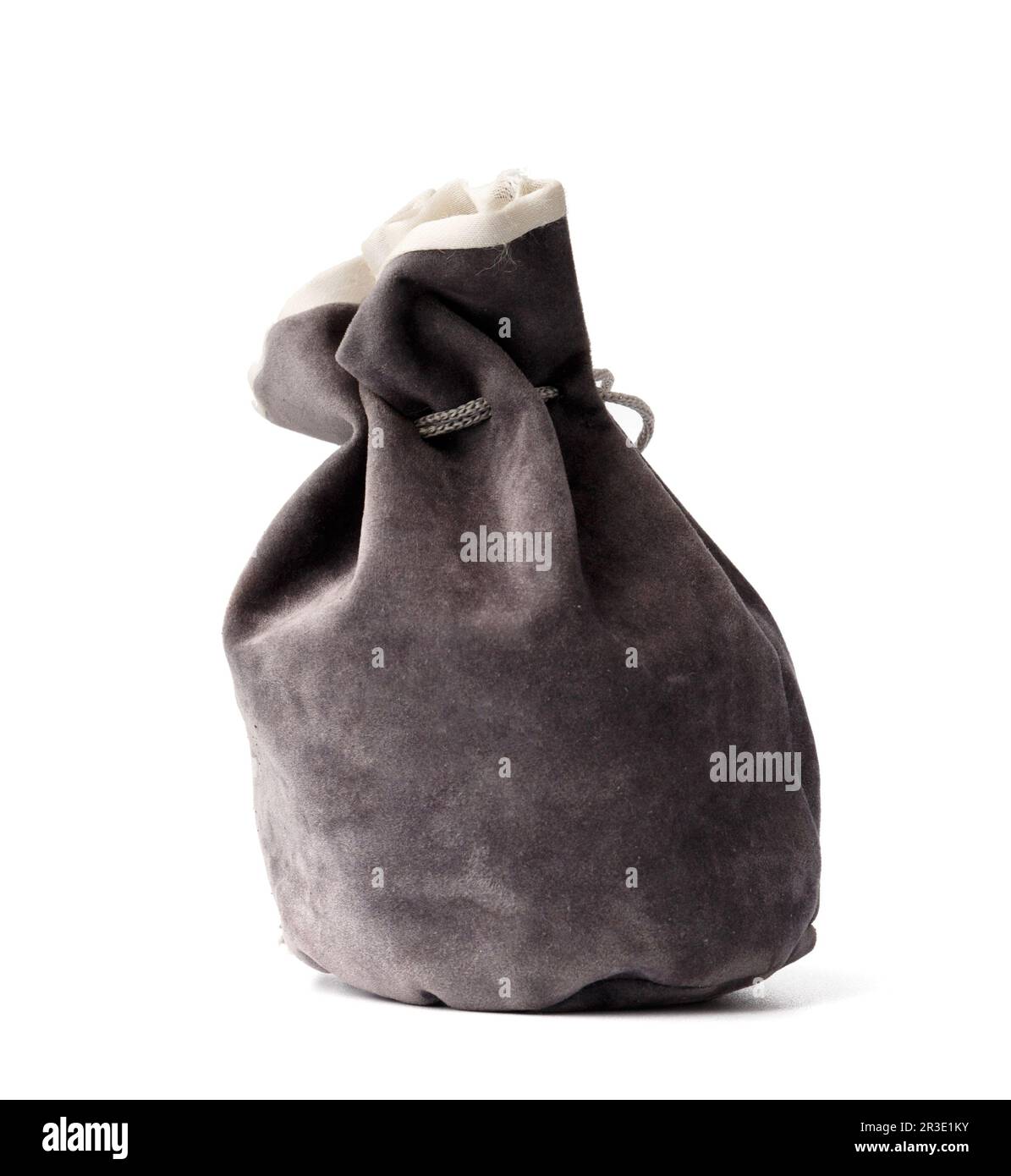 Gray suede pouch with drawstring isolated on white background. Stock Photo