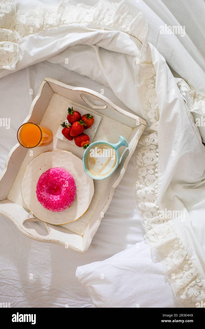 White tray with tasty breakfast to eat in bed Stock Photo Alamy