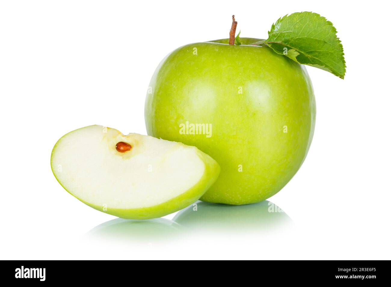 Apples fruits green apple fruit with leaves cropped isolated Stock