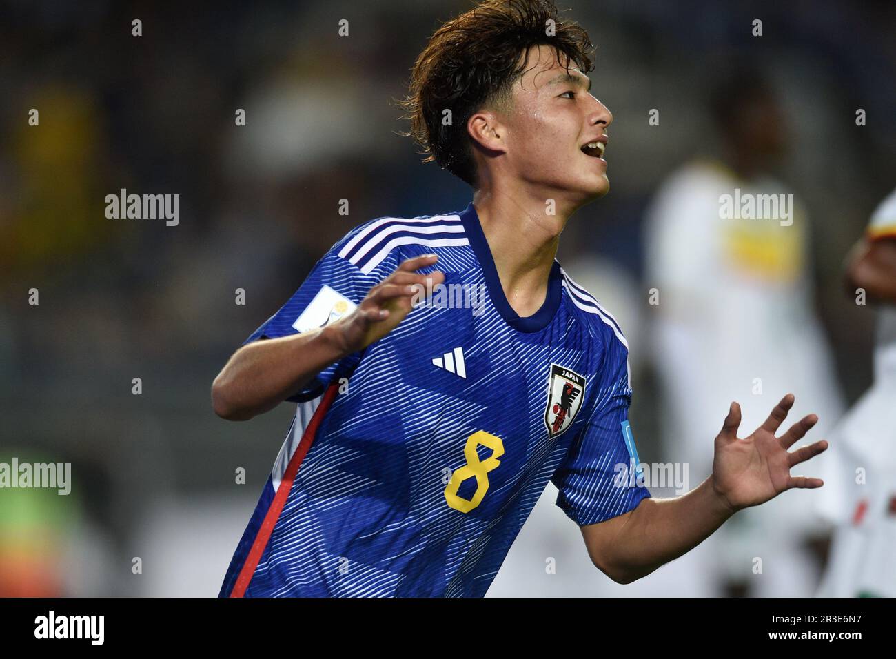 Japan's Kodai Sano reacts after missing an opportunity to score during a FIFA U-20 World Cup group C soccer match against Senegal at the Diego Maradona stadium in La Plata, Argentina, Sunday, May 21, 2023. (AP Photo/Gustavo Garello) Stock Photo