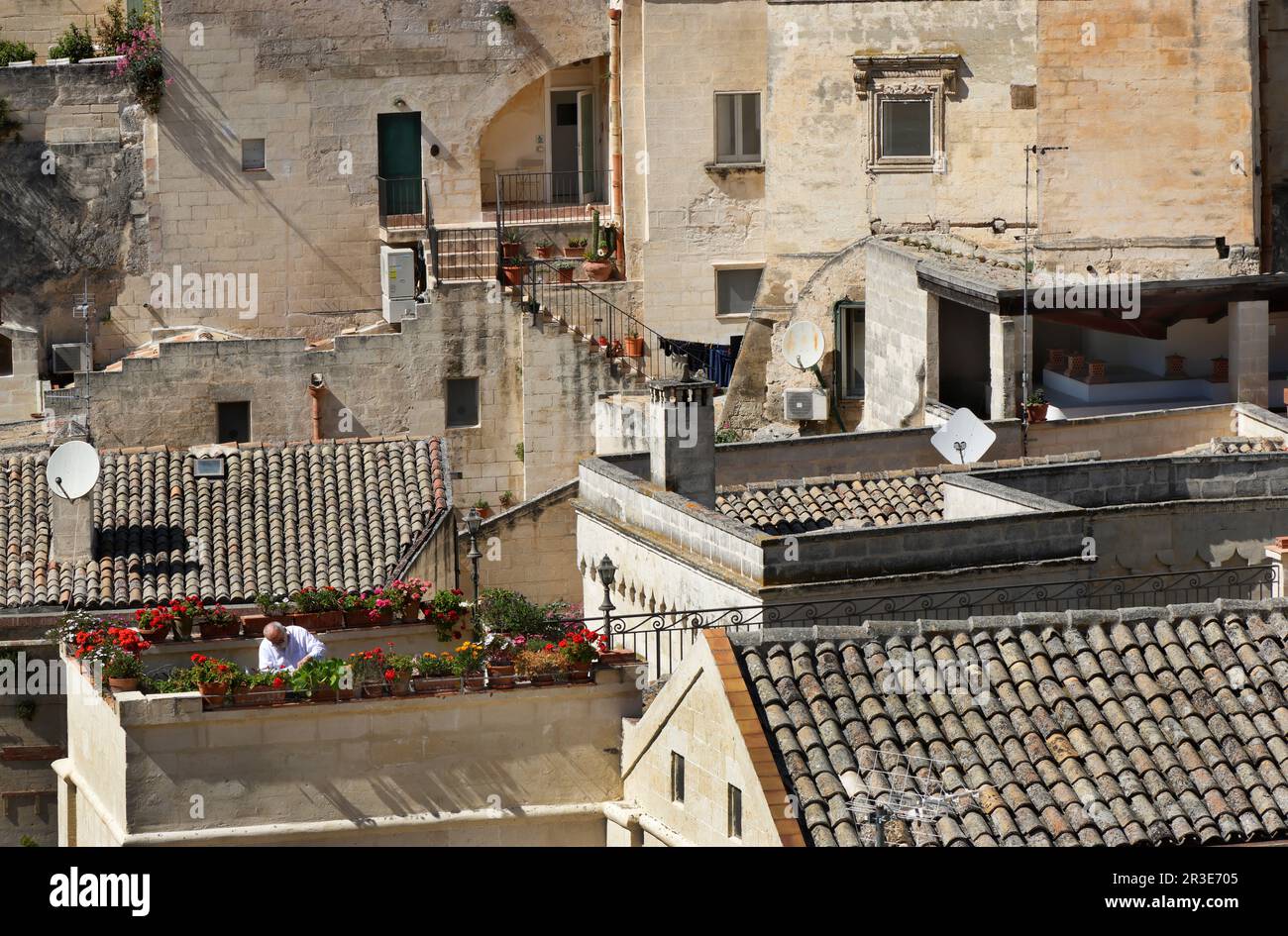 Moments in local daily life in the historic Sassi of Matera, Basilicata region of Italy. Rooftop gardener old man. Stock Photo