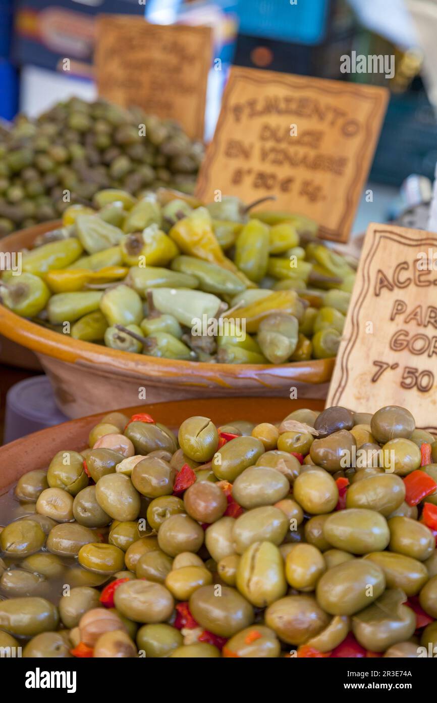 Pickled olives, weekly market, Mallorca Stock Photo