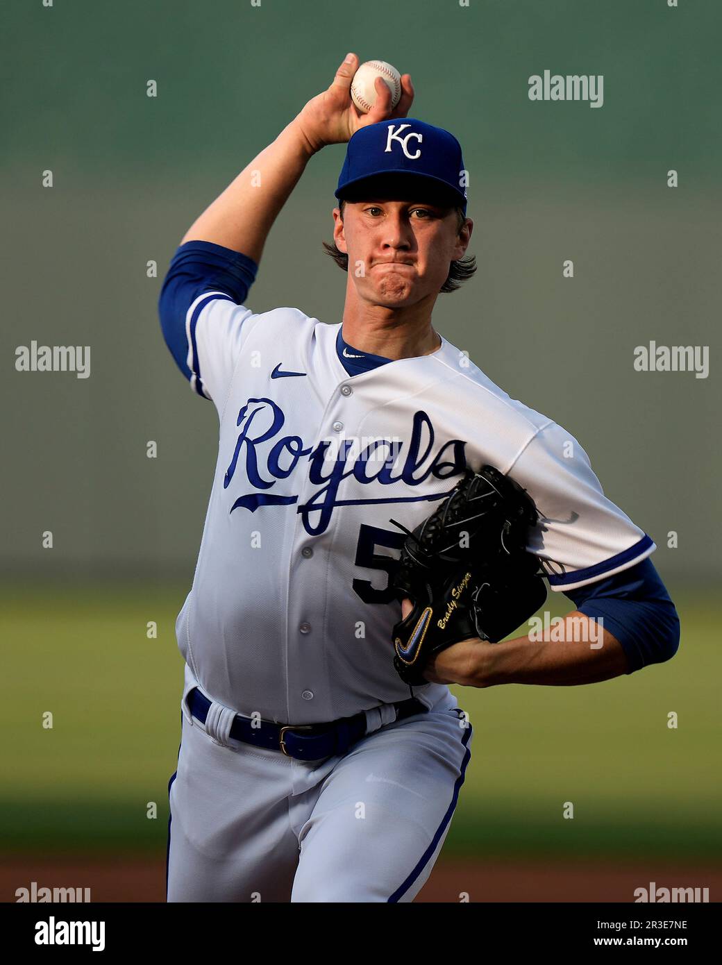 Kansas City Royals starting pitcher Brady Singer throws during the