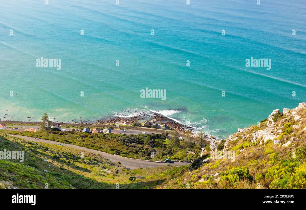 Elevated view of St James coastal town in False Bay, Cape Town Stock