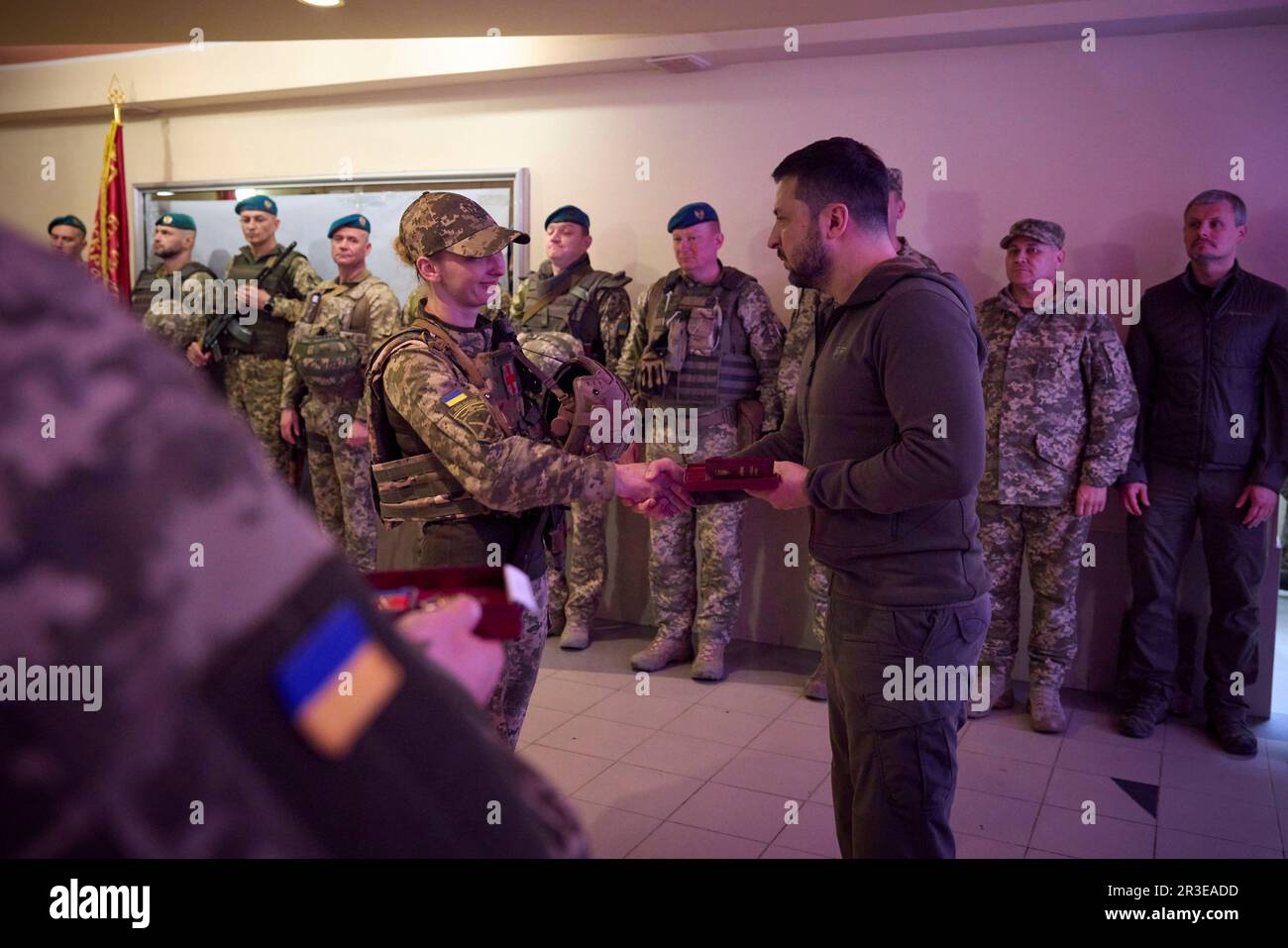 Vuhledar, Ukraine. 23rd May, 2023. Ukrainian President Volodymyr Zelenskyy, right, awards state medals to Ukraine Marines during a visit to frontline positions in the Donetsk region, May 23, 2023 in Vuhledar, Donetsk Oblast, Ukraine. Zelenskyy visited the troops to celebrate the Day of the Marines. Credit: Pool Photo/Ukrainian Presidential Press Office/Alamy Live News Stock Photo