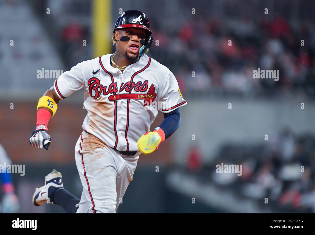 May 22, 2023: Atlanta Braves outfielder Ronald Acuna Jr. attempts to steal  third base during the fifth inning of a MLB game against the Los Angeles  Dodgers at Truist Park in Atlanta