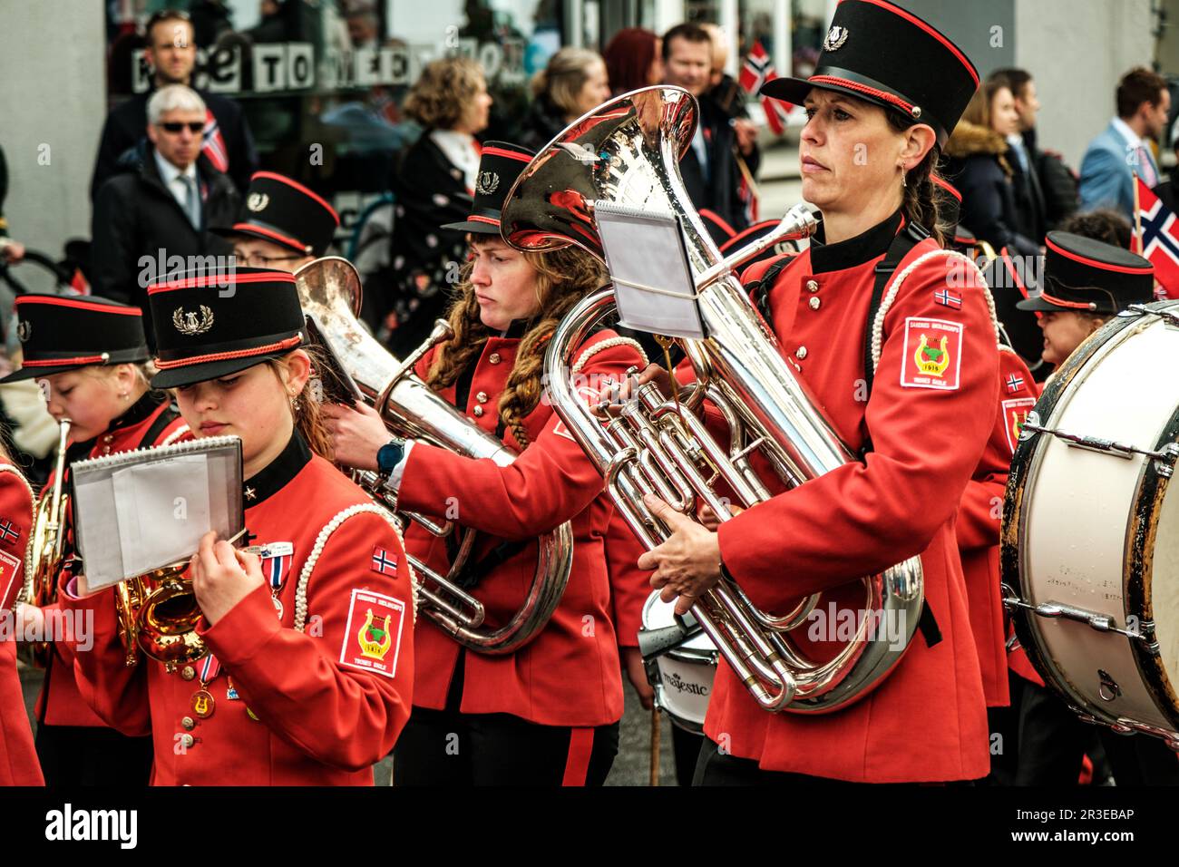 Sandnes, Norway, May 17 2023, Woman And Childrens Marching Band Parade