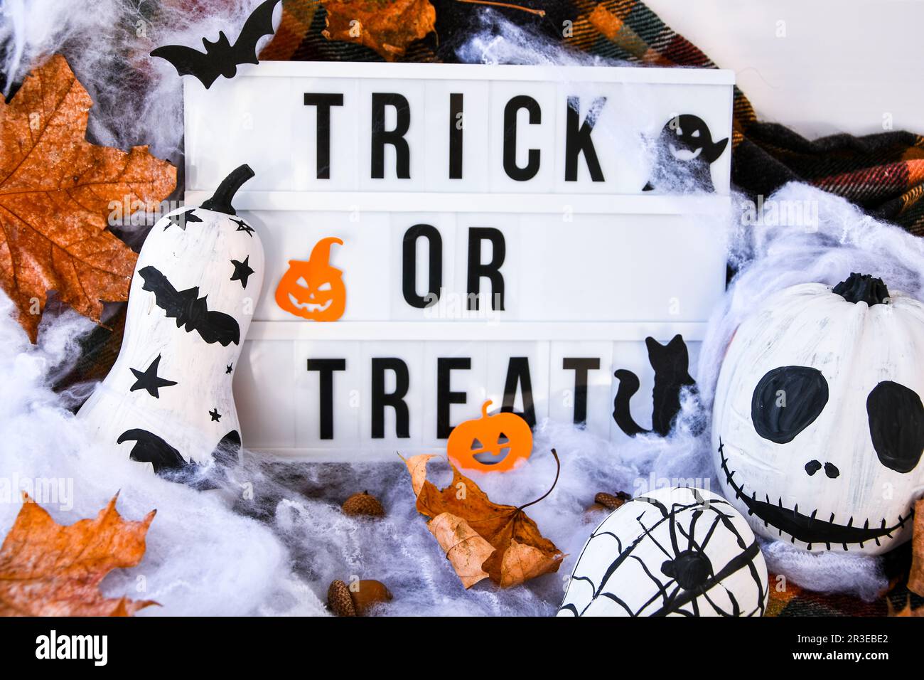 Lightbox with text TRICK OR TREAT Halloween background with painted face pumpkins and autumn leaves. Diy. Do it yourself. Hallow Stock Photo