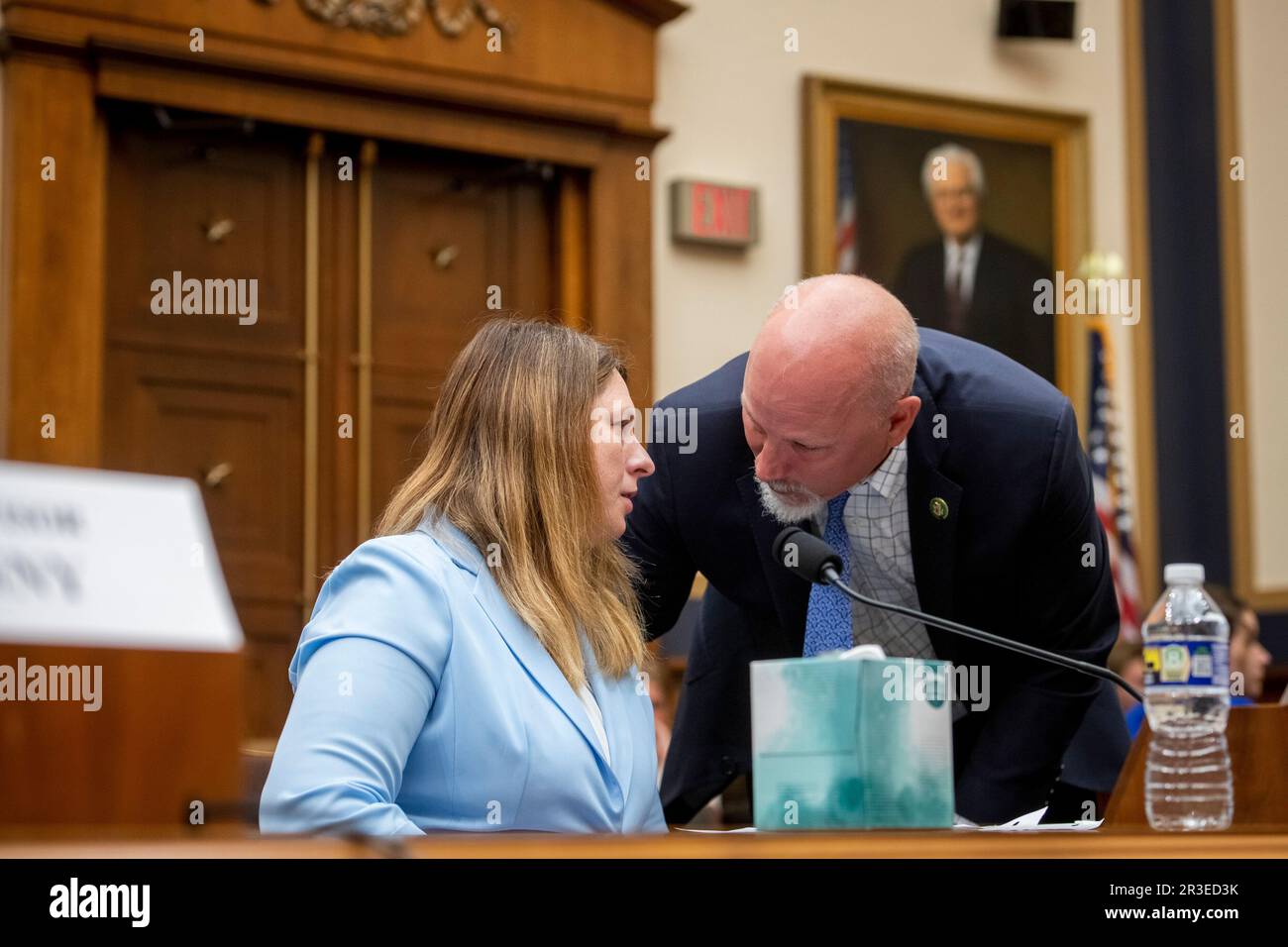 Washington, Vereinigte Staaten. 23rd May, 2023. United States Representative Chip Roy (Republican of Texas) talks with Tammy Nobles, mother of Kayla Hamilton who was allegedly murdered by an unaccompanied, undocumented youth MS-13 gang member who entered the United States illegally, during a House Committee on the Judiciary | Subcommittee on Immigration Integrity, Security, and Enforcement hearing âThe Biden Border Crisis: Part IIIâ in the Rayburn House Office Building in Washington, DC, Tuesday, May 23, 2023. Credit: Rod Lamkey/CNP/dpa/Alamy Live News Stock Photo