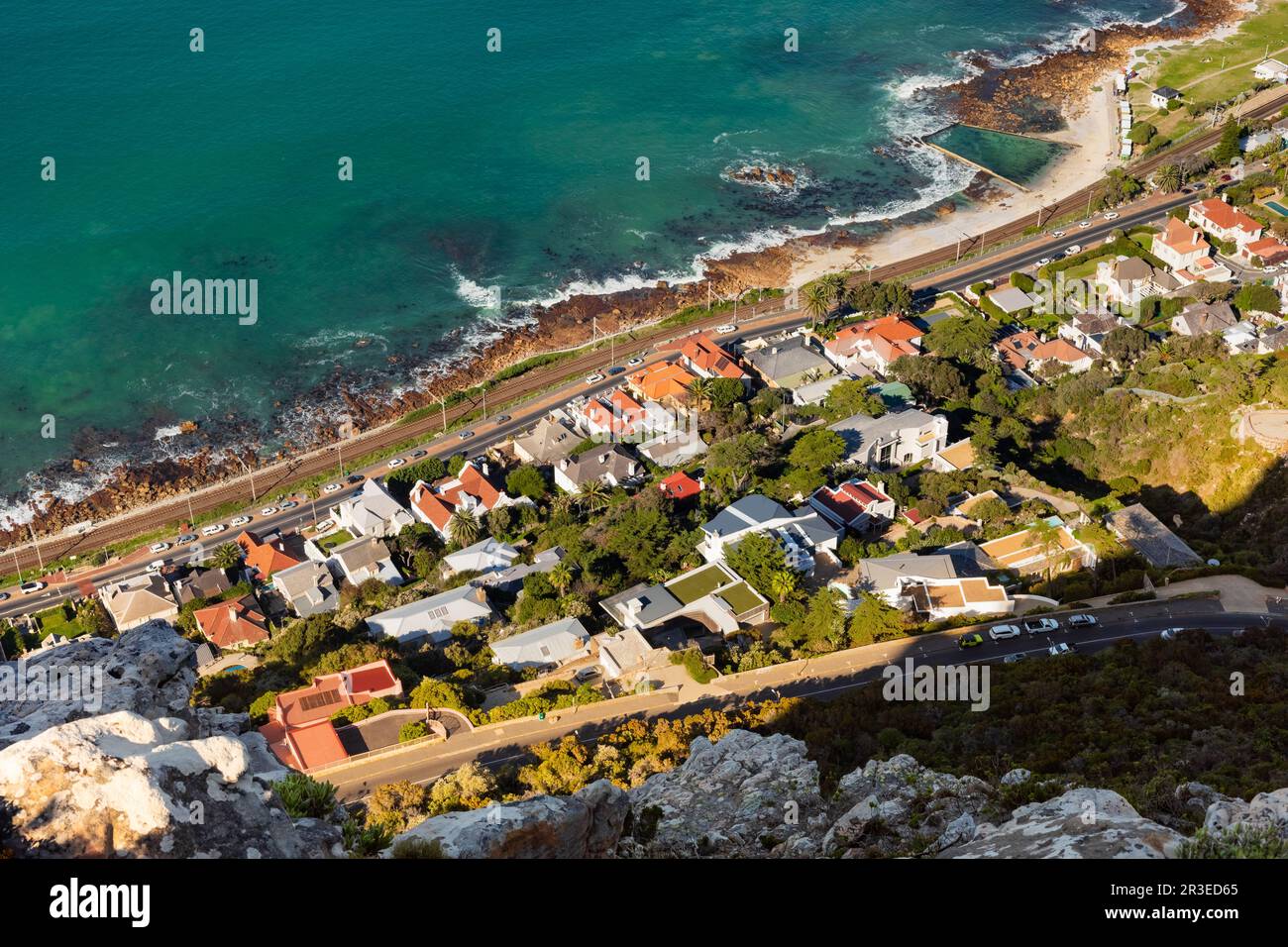 Elevated view of St James coastal town in False Bay, Cape Town Stock