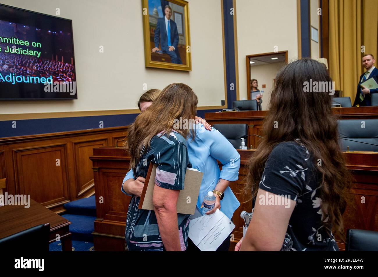 Tammy Nobles, center, mother of Kayla Hamilton who was allegedly murdered by an unaccompanied, young Mara Salvatrucha gang member who entered the the United States illegally, is comforted by her mother Catherine Weakley, center, and her cousin Angelina Philbin, right, as they depart following a House Committee on the Judiciary | Subcommittee on Immigration Integrity, Security, and Enforcement hearing “The Biden Border Crisis: Part III” in the Rayburn House Office Building in Washington, DC, Tuesday, May 23, 2023. Credit: Rod Lamkey/CNP/Sipa USA Stock Photo