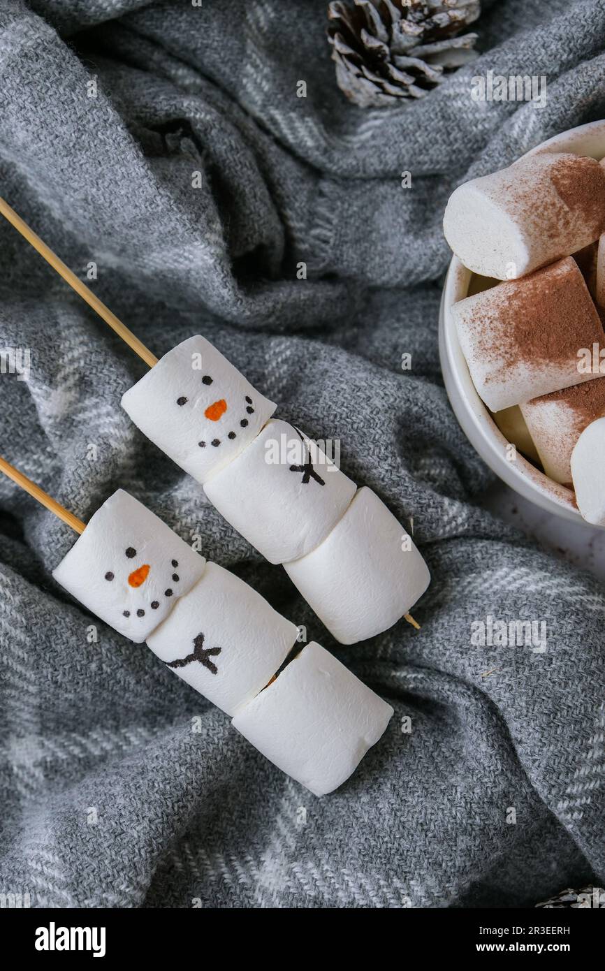 Two happy funny marshmallow snowmen. Marshmallow friends. Diy. Sweet