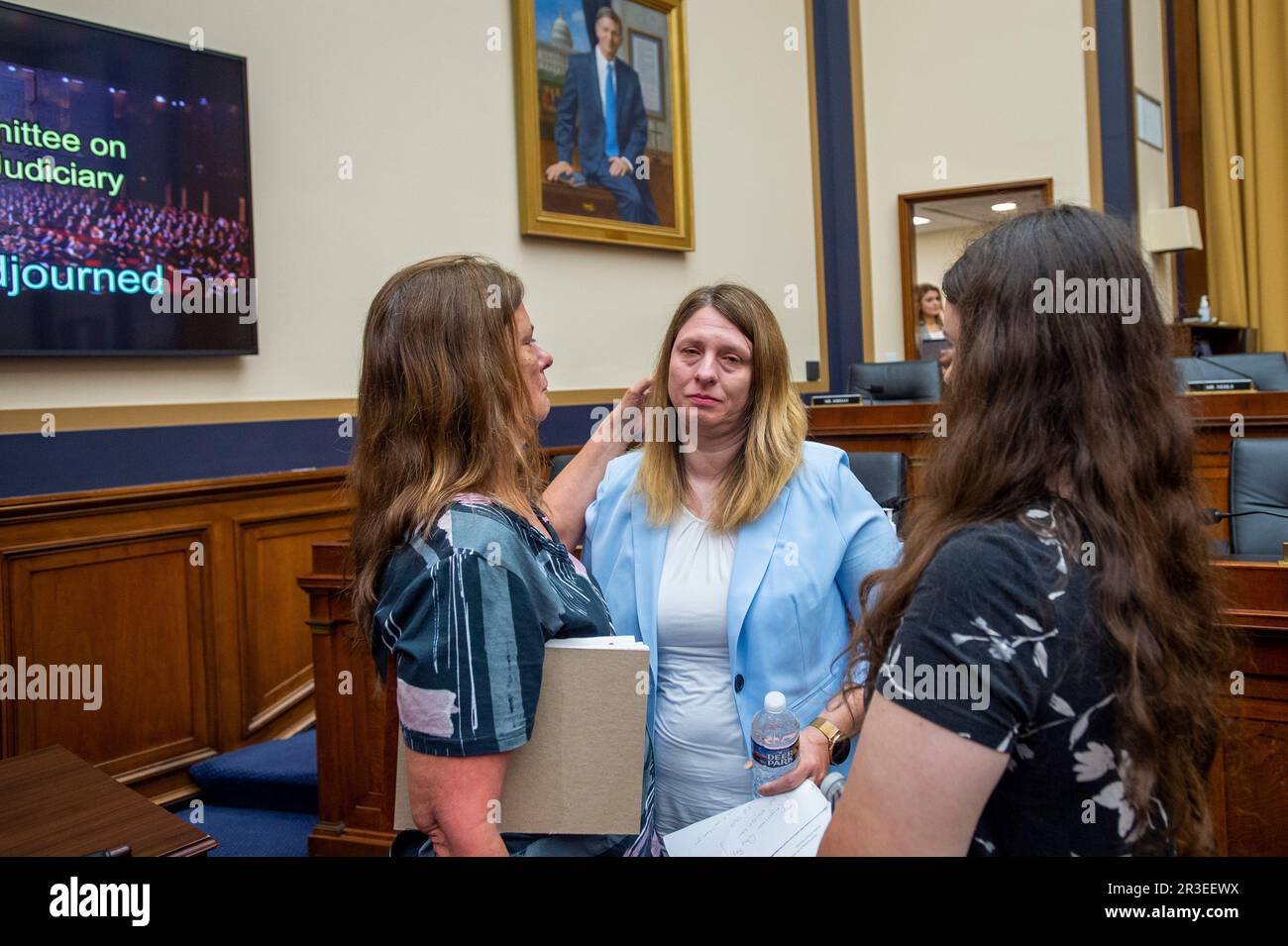 Tammy Nobles, center, mother of Kayla Hamilton who was allegedly murdered by an unaccompanied, young Mara Salvatrucha gang member who entered the the United States illegally, is comforted by her mother Catherine Weakley, center, and her cousin Angelina Philbin, right, as they depart following a House Committee on the Judiciary | Subcommittee on Immigration Integrity, Security, and Enforcement hearing “The Biden Border Crisis: Part III” in the Rayburn House Office Building in Washington, DC, Tuesday, May 23, 2023. Credit: Rod Lamkey/CNP/Sipa USA Stock Photo
