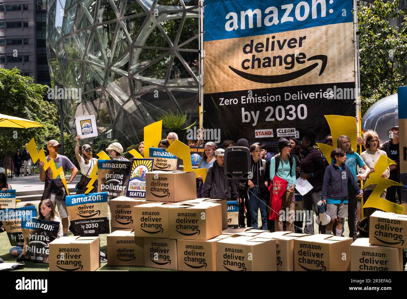 Seattle, USA. 22 May, 2023. Environmental protestors mid-day at Amazon ...