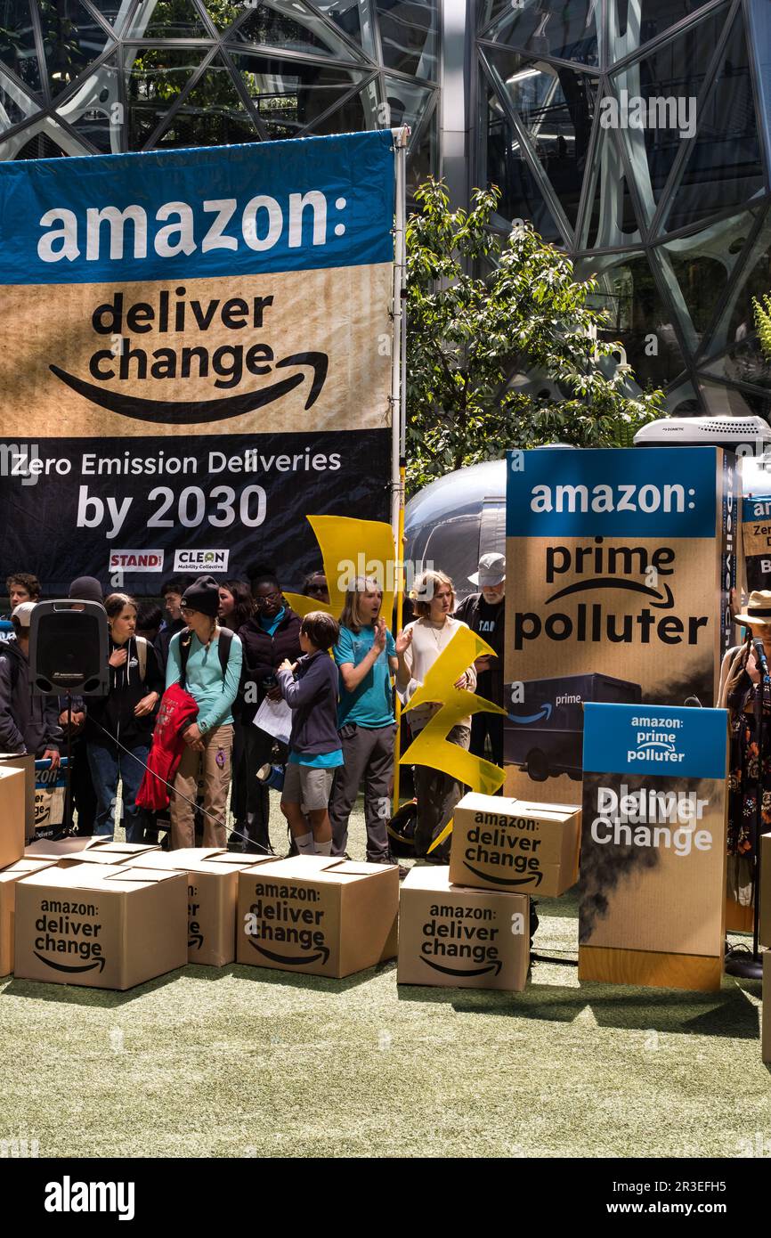 Seattle, USA. 22 May, 2023. Environmental protestors midday at Amazon