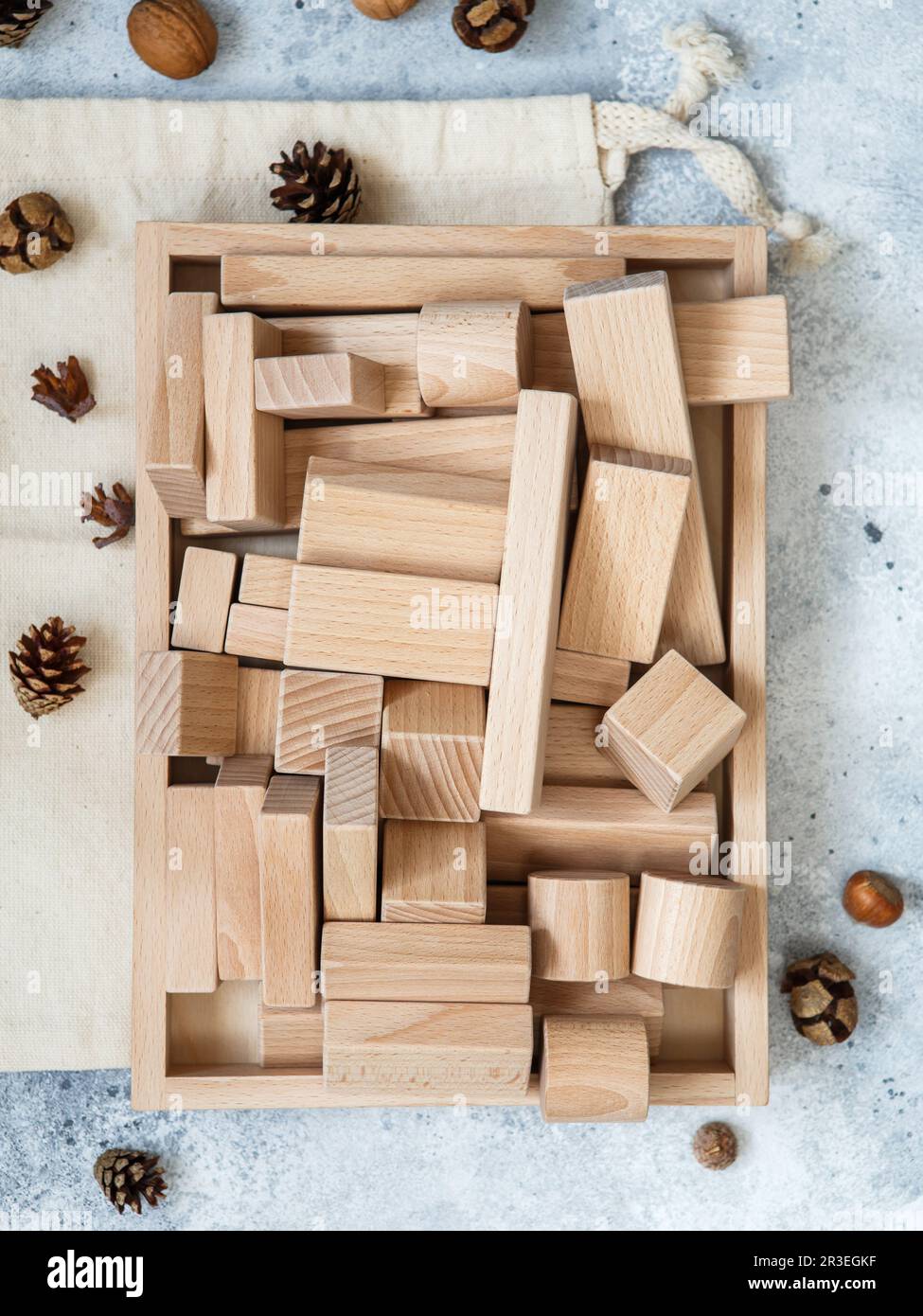 Wooden Toy Construction with ecologically wooden blocks manufactured from sustainable timbers. Wood Stock Photo