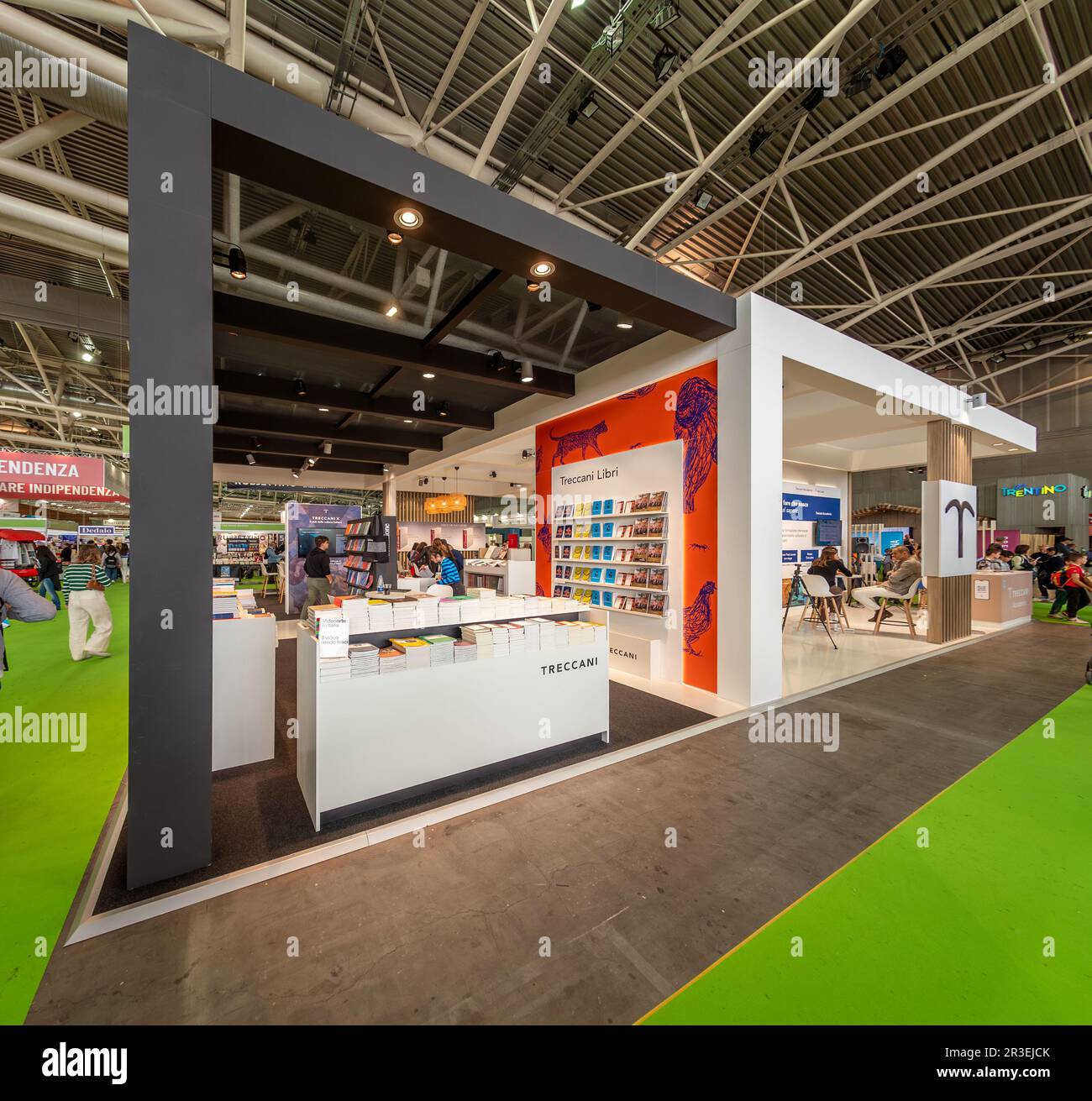 Turin, Italy - May 22, 2023: Treccani  booth at the 35th Turin International Book Fair. Treccani is famous encyclopedia publisher Stock Photo