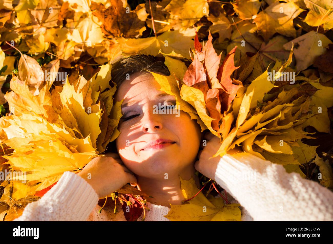 Woman laying in maple leaves in the park Stock Photo - Alamy