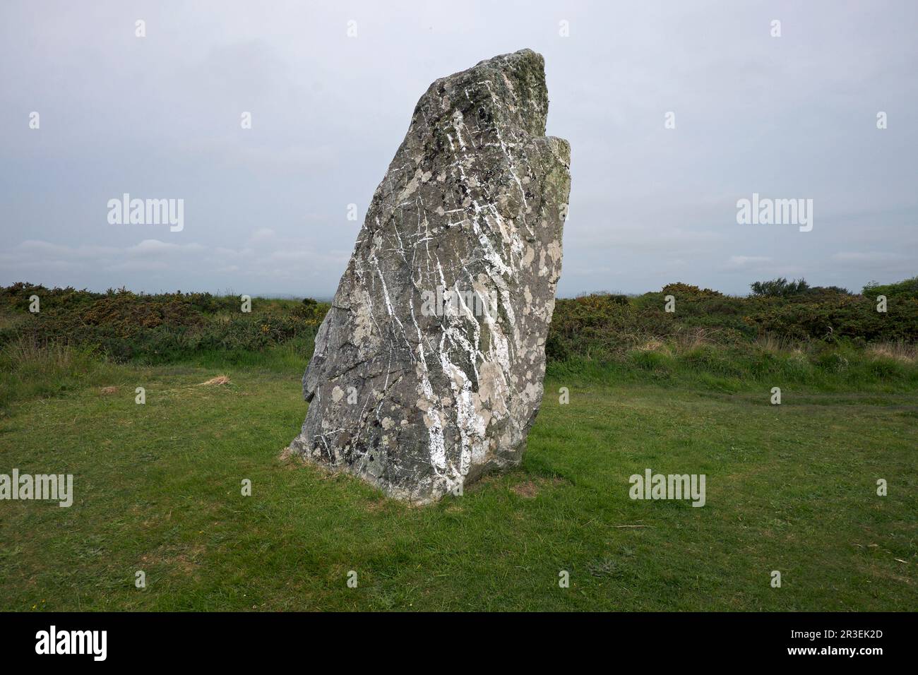 St Breock Downs, Rosenannon, Cornwall, PL30 5PN 5 23 2023 Originally five metres high and weighing some 16.75 tonnes, St Breock Downs Monolith is Cornwall's largest and heaviest prehistoric monolith. It stands on the summit of St Breock Downs, offering wonderful views. Managed by the Cornwall Heritage Trust. Stock Photo