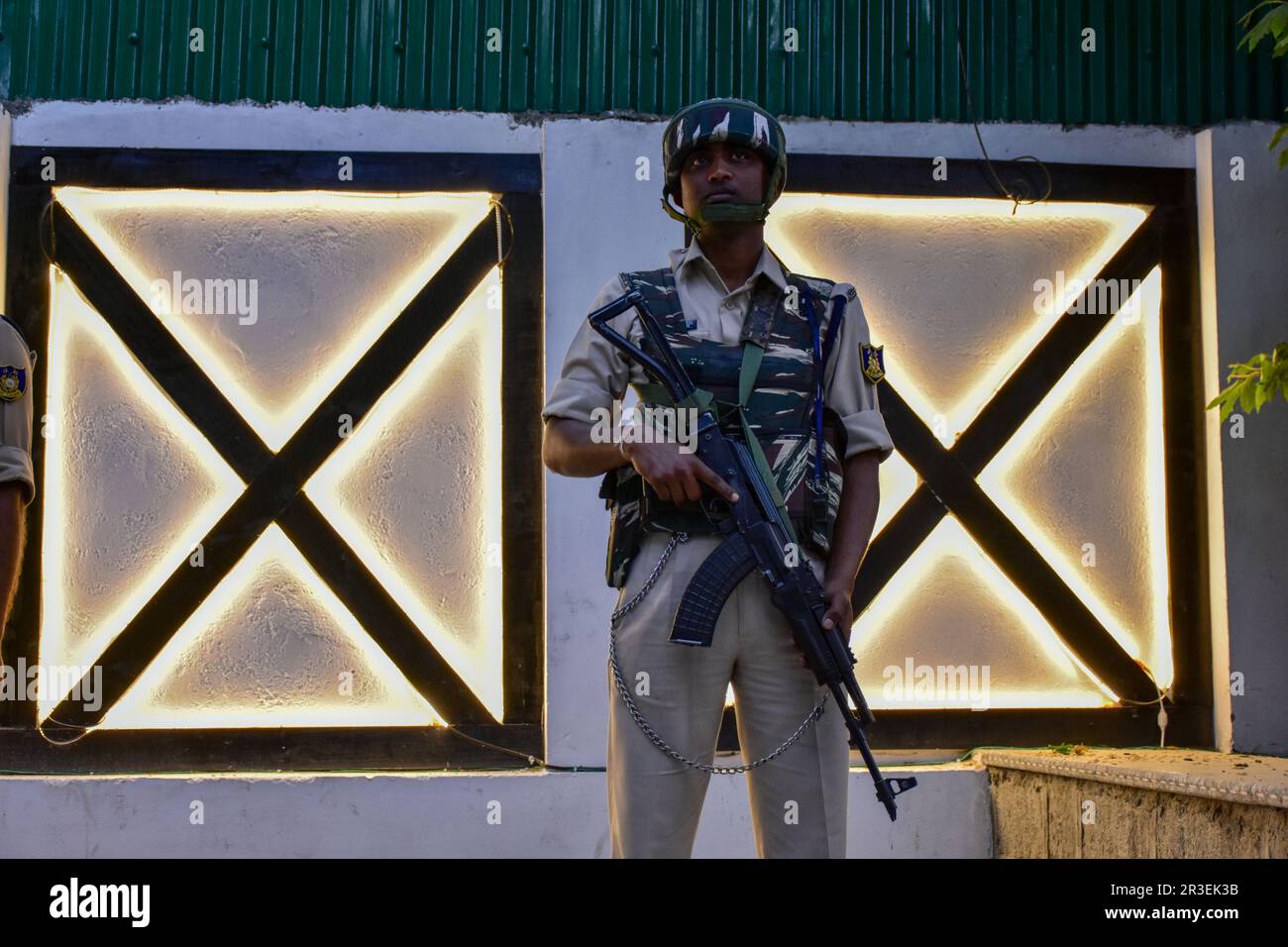 A paramilitary trooper stands alert at a market during the ongoing G20 tourism meet in Srinagar. India is holding a key G20 tourism meeting in Kashmir amid heightened security. The working group meeting is being held in Srinagar, from Monday to Wednesday. This is the biggest international event organized in the region since India scrapped its special status in 2019. India's presidency of the G20 group of leading nations has become mired in controversy after China and Saudi Arabia boycotted a meeting staged in Kashmir. Stock Photo