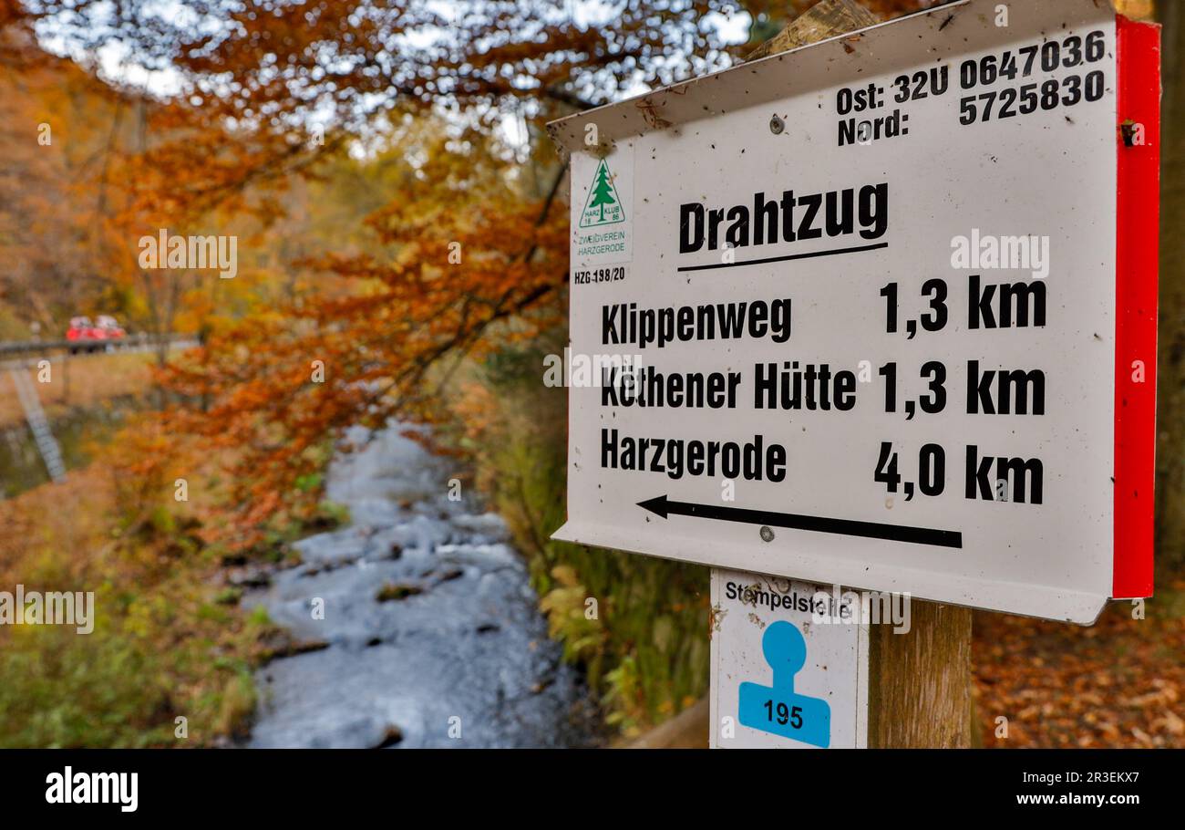 Signage hiking trails in the Harz autumn landscape Stock Photo