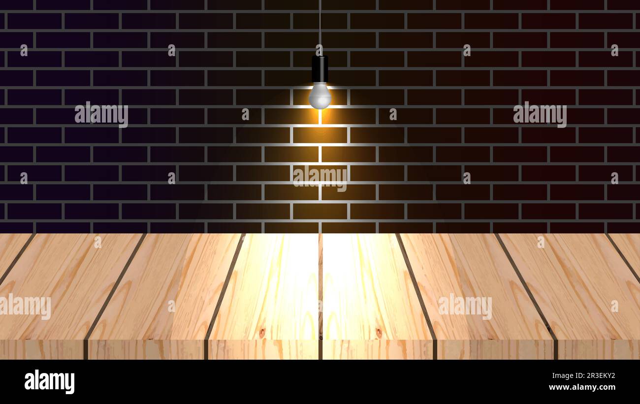 Dark brick and shelf table wall illuminated by lamps, vector