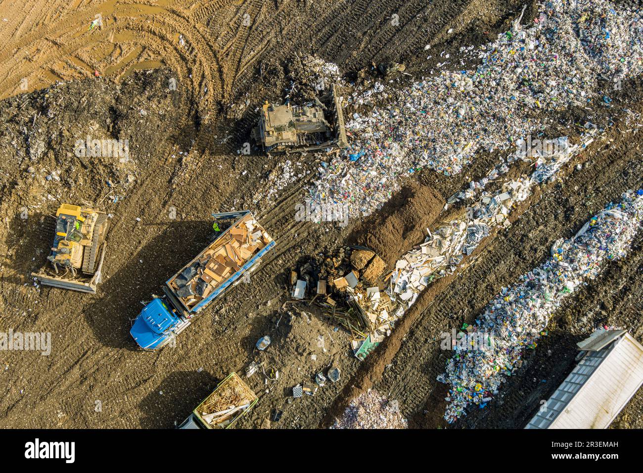 Aerial view of garbage dump landfill municipal waste facility