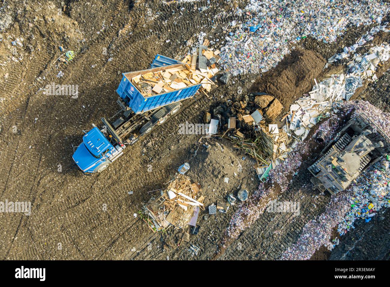Aerial view of garbage dump landfill municipal waste facility