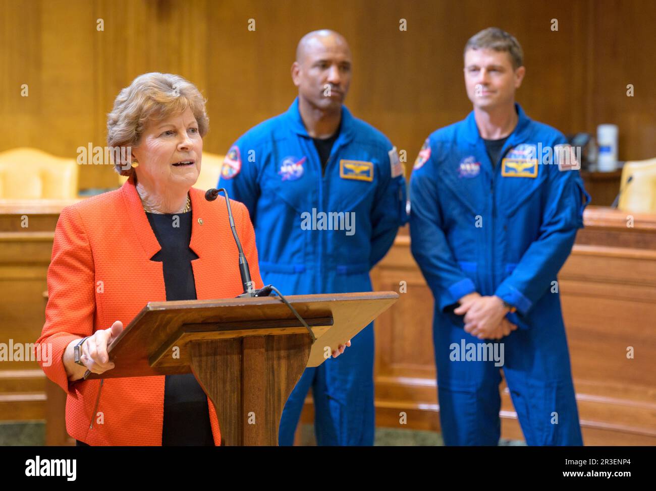 Washington, United States. 17 May, 2023. U.S. Senator Jeanne Shaheen, D-N.H., delivers remarks during a meet and greet with Congress to discuss the upcoming moon mission at the Dirksen Senate Office Building, May 17, 2023 in Washington, D.C. Astronauts Jeremy Hansen, Victor Glover, Reid Wiseman, and Christina Hammock Koch visited Congress to brief members on the mission to the moon. Credit: Bill Ingalls/NASA/Alamy Live News Stock Photo