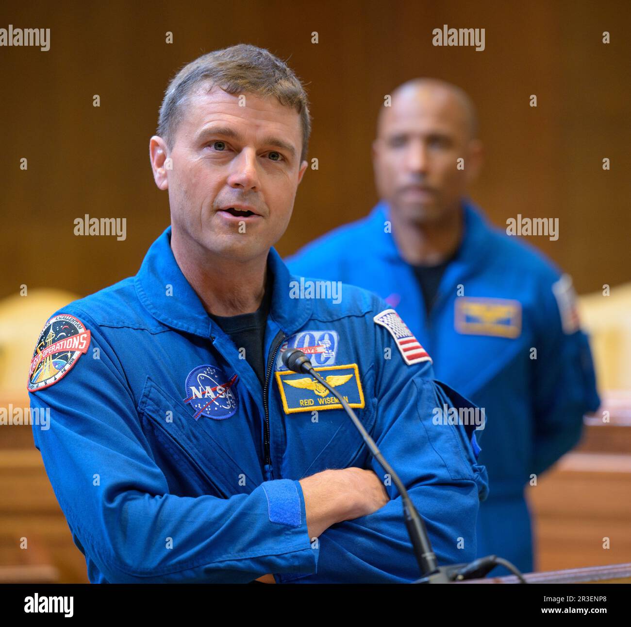 Washington, United States. 17 May, 2023. NASA Artemis II astronaut Reid Wiseman responds to a question during a meet and greet with Congress to discuss the upcoming moon mission at the Dirksen Senate Office Building, May 17, 2023 in Washington, D.C. Astronauts Jeremy Hansen, Victor Glover, Reid Wiseman, and Christina Hammock Koch visited Congress to brief members on the mission to the moon. Credit: Bill Ingalls/NASA/Alamy Live News Stock Photo