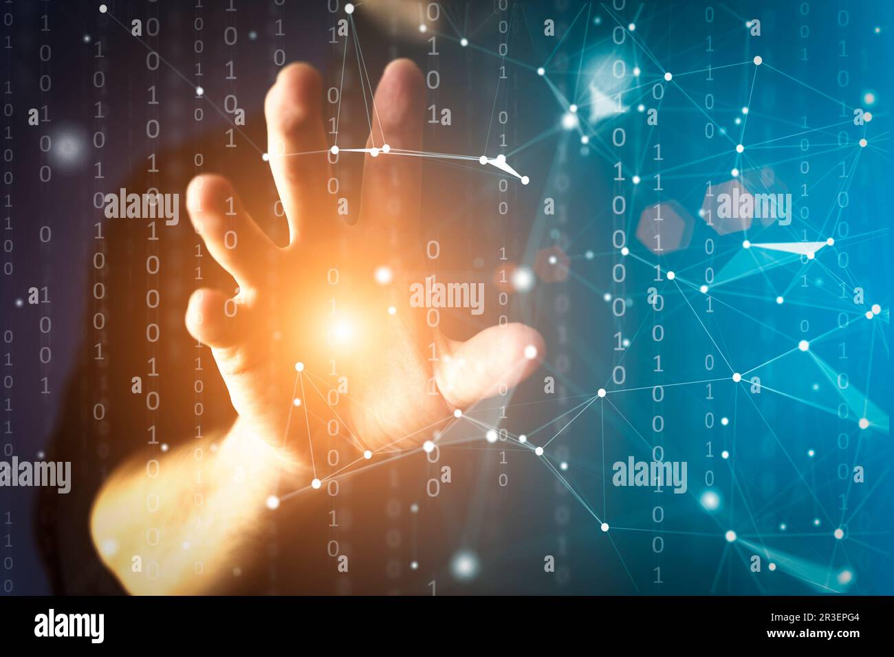 Metaverse Ai concept. Hand and Big data technology blue plexus background. Science Ai idea. High quality photo Stock Photo