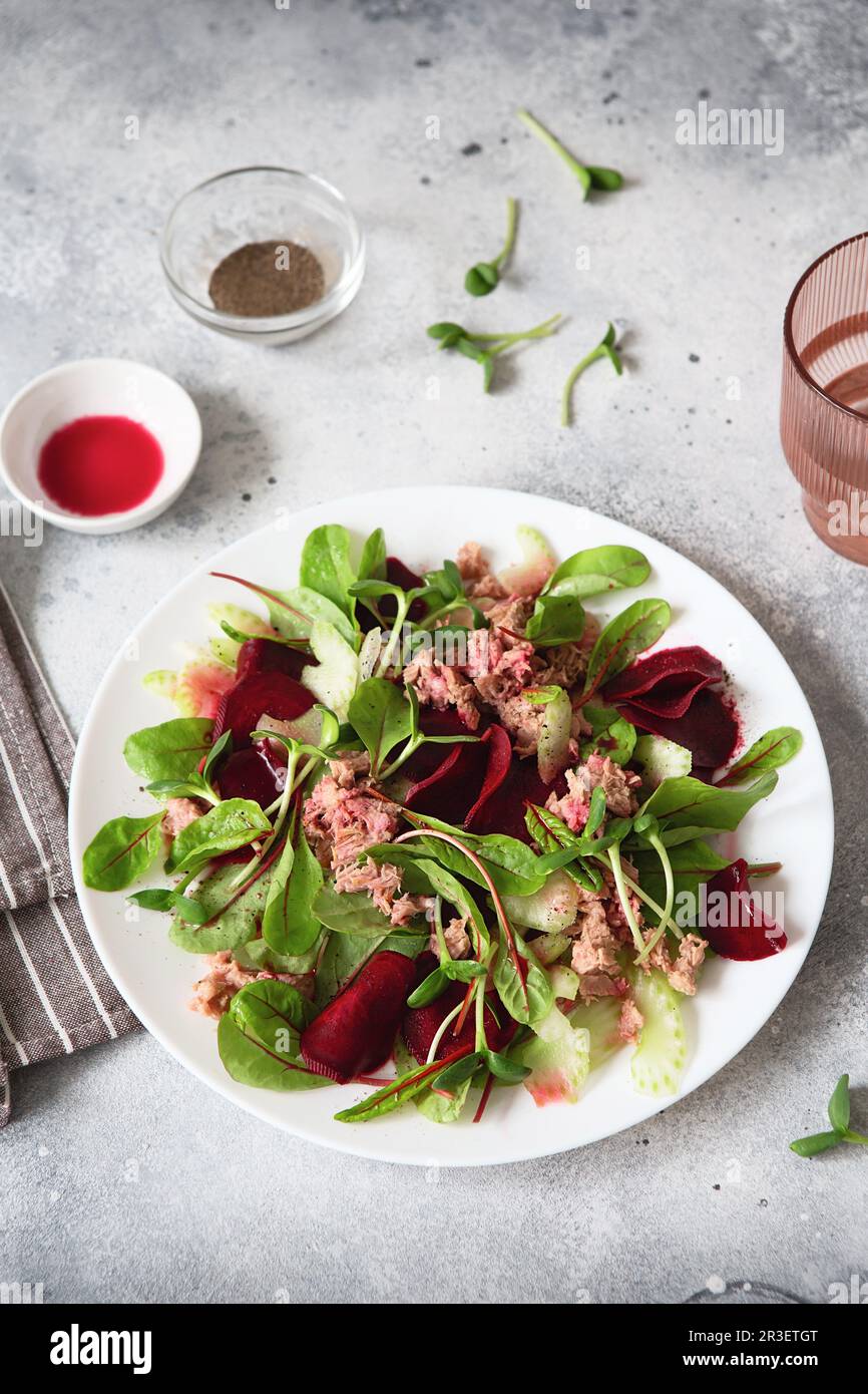 Healthy fresh salad. Beetroot, red chard and canned tuna salad. Healthy Meal recipe preparation. Plant-based dishes. Green livin Stock Photo