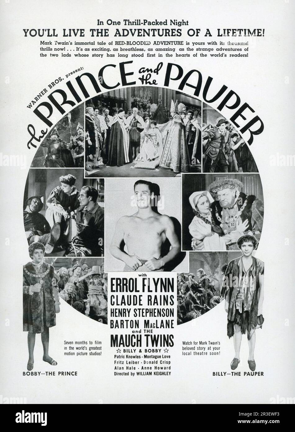 Advert for ERROL FLYNN CLAUDE RAINS The MAUCH TWINS BILLY and BOBBY in THE PRINCE AND THE PAUPER 1937 director WILLIAM KEIGHLEY novel Mark Twain music Erich Wolfgang Korngold costumes Milo Anderson First National Pictures / Warner Bros. Stock Photo
